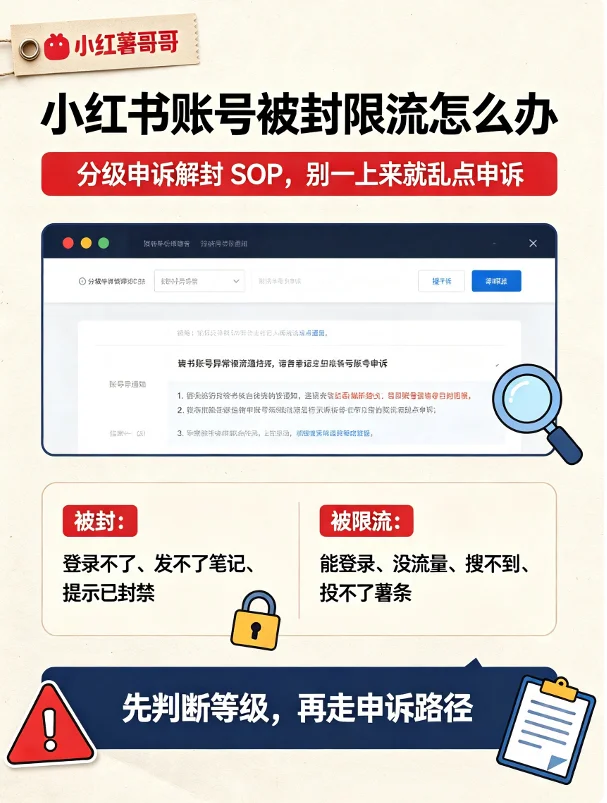 小红书账号被封限流怎么办，分级申诉解封 SOP